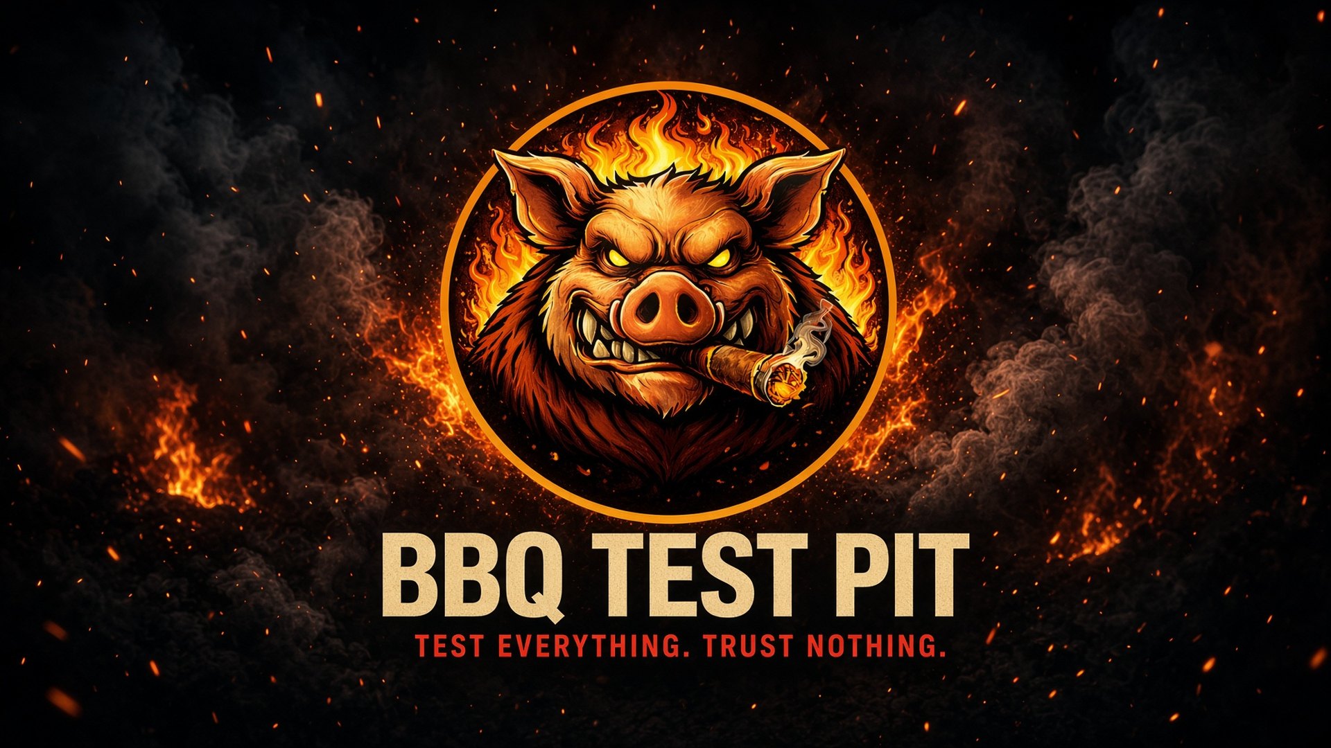 BBQ Test Pit YouTube banner — Test everything. Trust nothing. BBQ reviews, rubs, gear, and pit tests.
